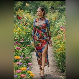 🌟LAST ONE🌟 Anthropologie NWT Farm Rio Long-Sleeve Mock- Neck Mesh Slim Dress L.